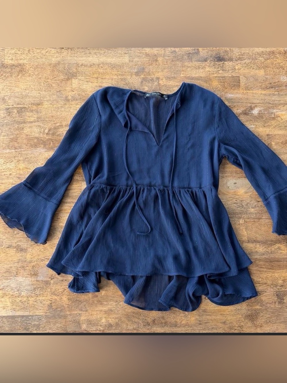 Zara Navy Ruffle Peplum Tie-Front Blouse